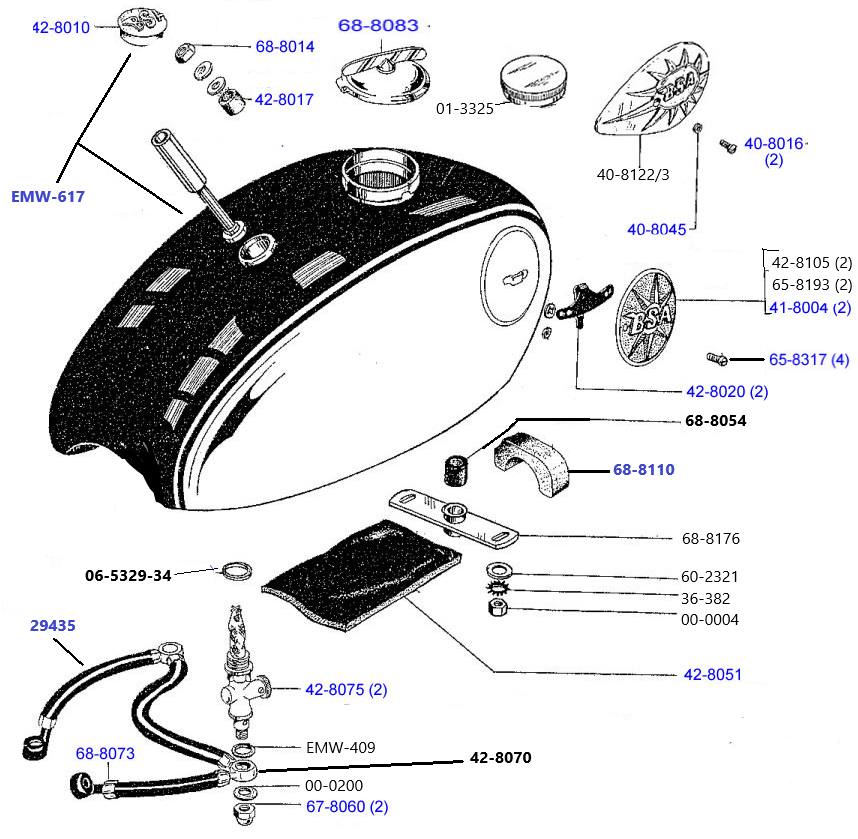 Benzinetank A50 en A65 staal klein 9 liter t/m 1967 (kunststof emblemen)