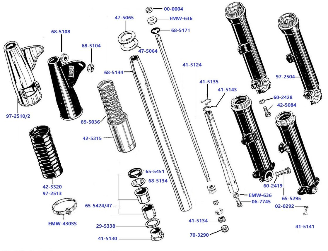 Voorvork A50 en A65 1966 - 1968 Onderpoten en Binnenpoten