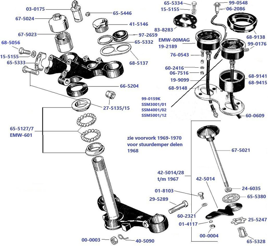 Voorvork A50 en A65 1966 - 1968 Balhoofd Kroonplaten en Tellers