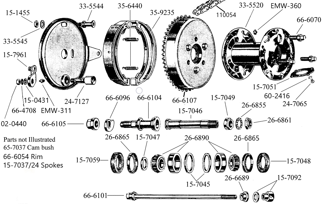 Achterwiel M20 - M21 stijfframe, 3 bout tandwiel, 1938-1948