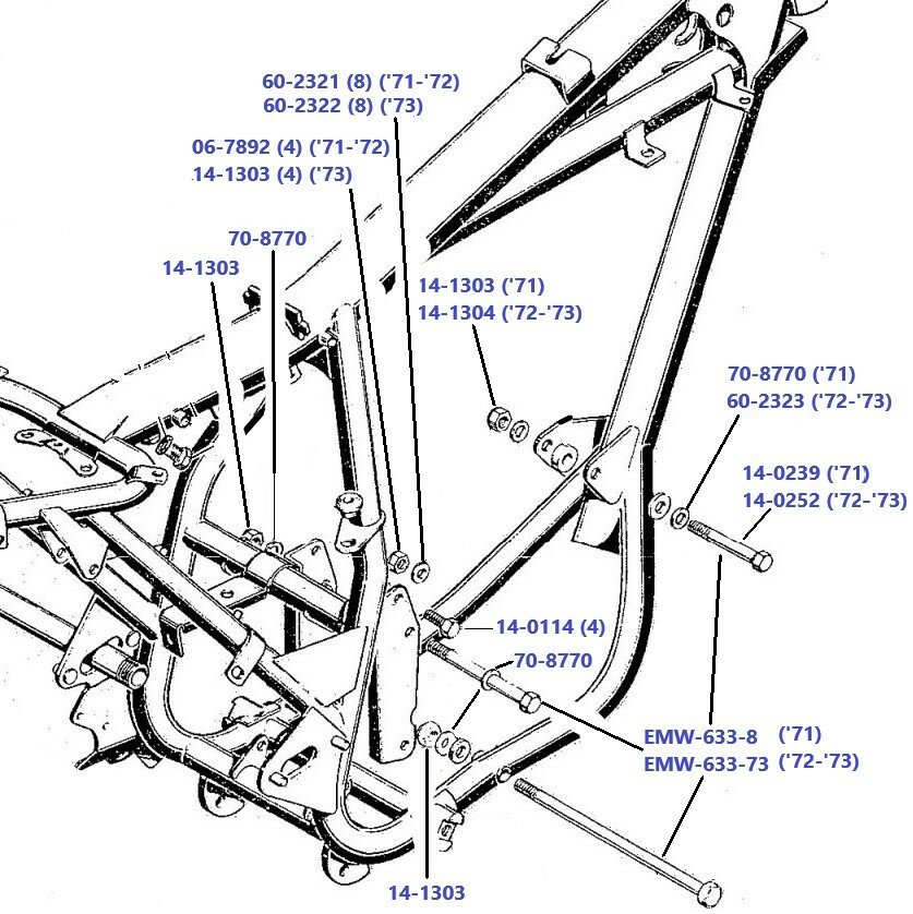 Bevestiging blok in frame B25 - B50 1971-1973