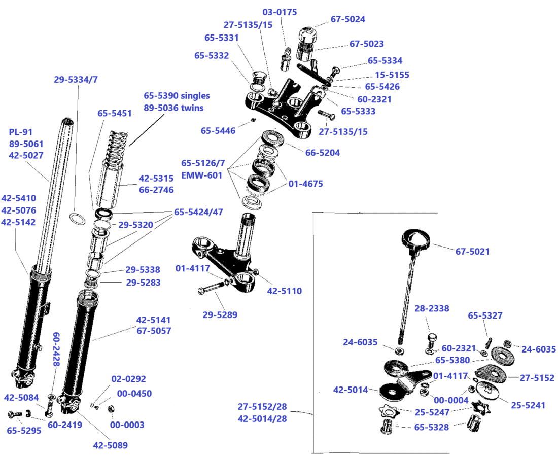 Telescopic-Frontfork-pre-unit-A-+-B-+-M-models-stanchions-yokes-and-steering-damper